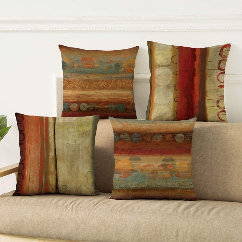 WOMHOPE Set of 4 Retro Throw Pillow Covers Oil Painting Burlap Toss Decoration Pillow Cases Square Cushion Cases 18 x 18 Inch for Living Room,Couch and Bed (Brick red) - Image 2